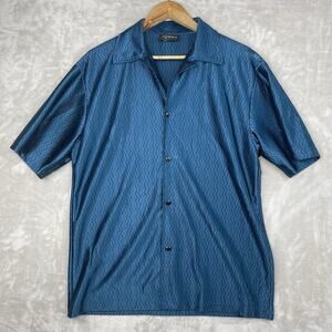 Pop Icon Men's XL Vintage Metallic Teal Blue Zig Zag Button Down Shirt 90s Party